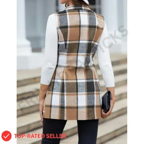 Sleeveless Wool Plaid Vest Classic Chic Slim Fit Fall Winter Outerwear - Picture 6 of 7